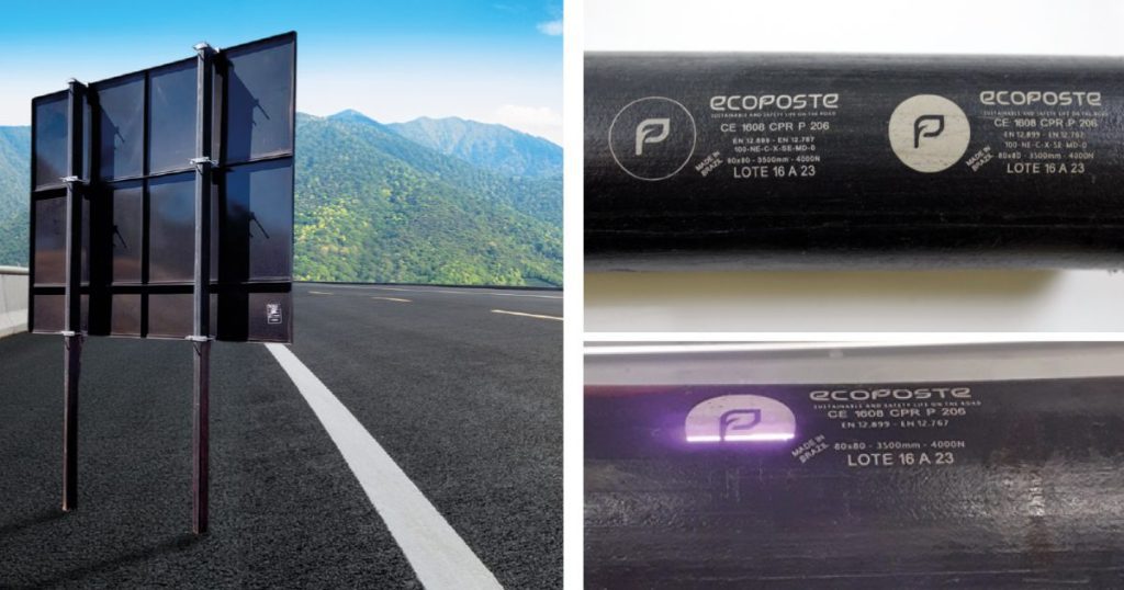 Marcaje láser en postes de señalización de HDPE en carretera, mostrando logo de Ecoposte claramente marcado.